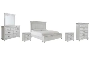 Kanwyn King Panel Bed with Storage with Mirrored Dresser, Chest and 2 Nightstands in Whitewash