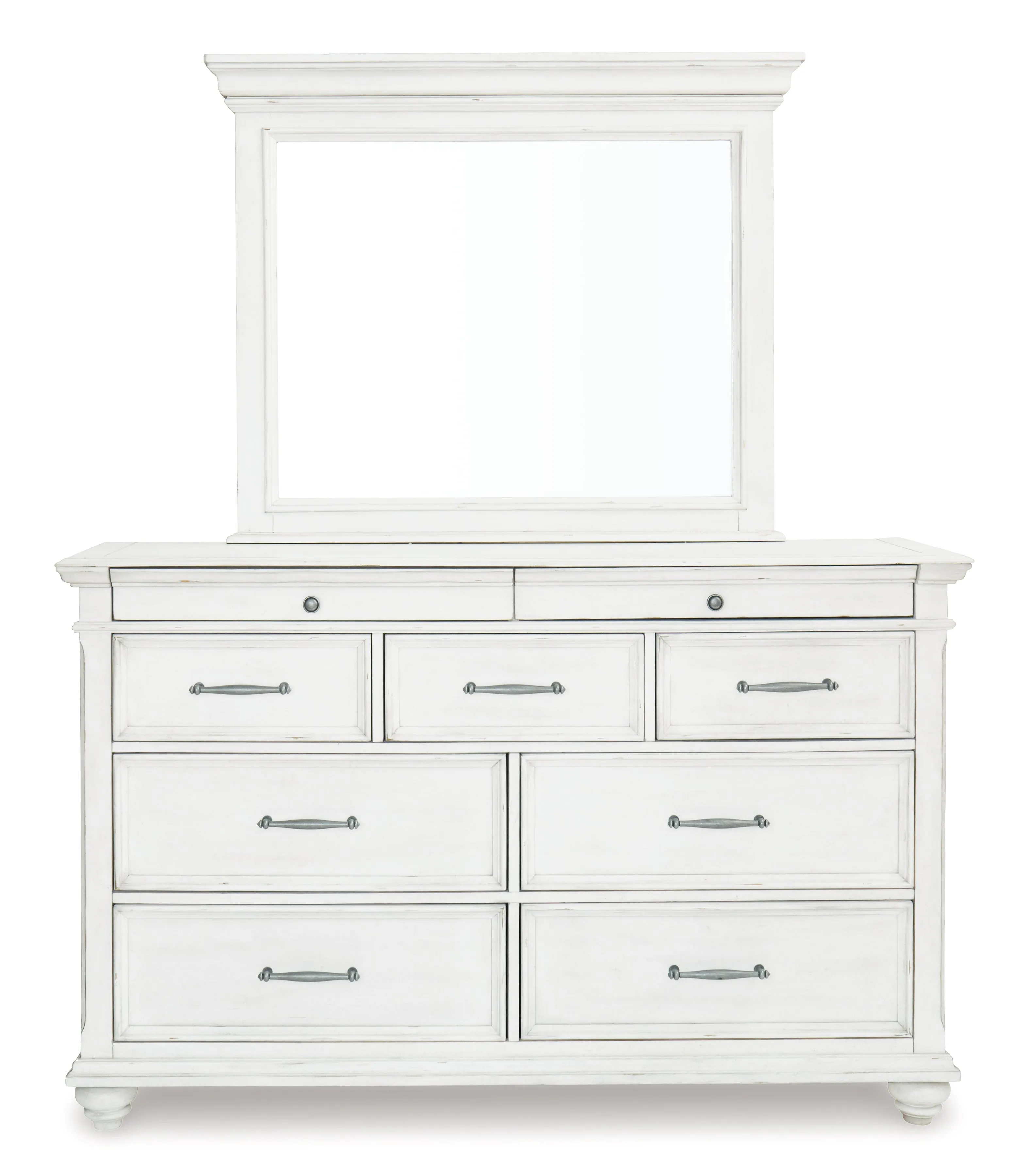 Kanwyn Queen Panel Bed with Storage with Mirrored Dresser, Chest and 2 Nightstands in Whitewash