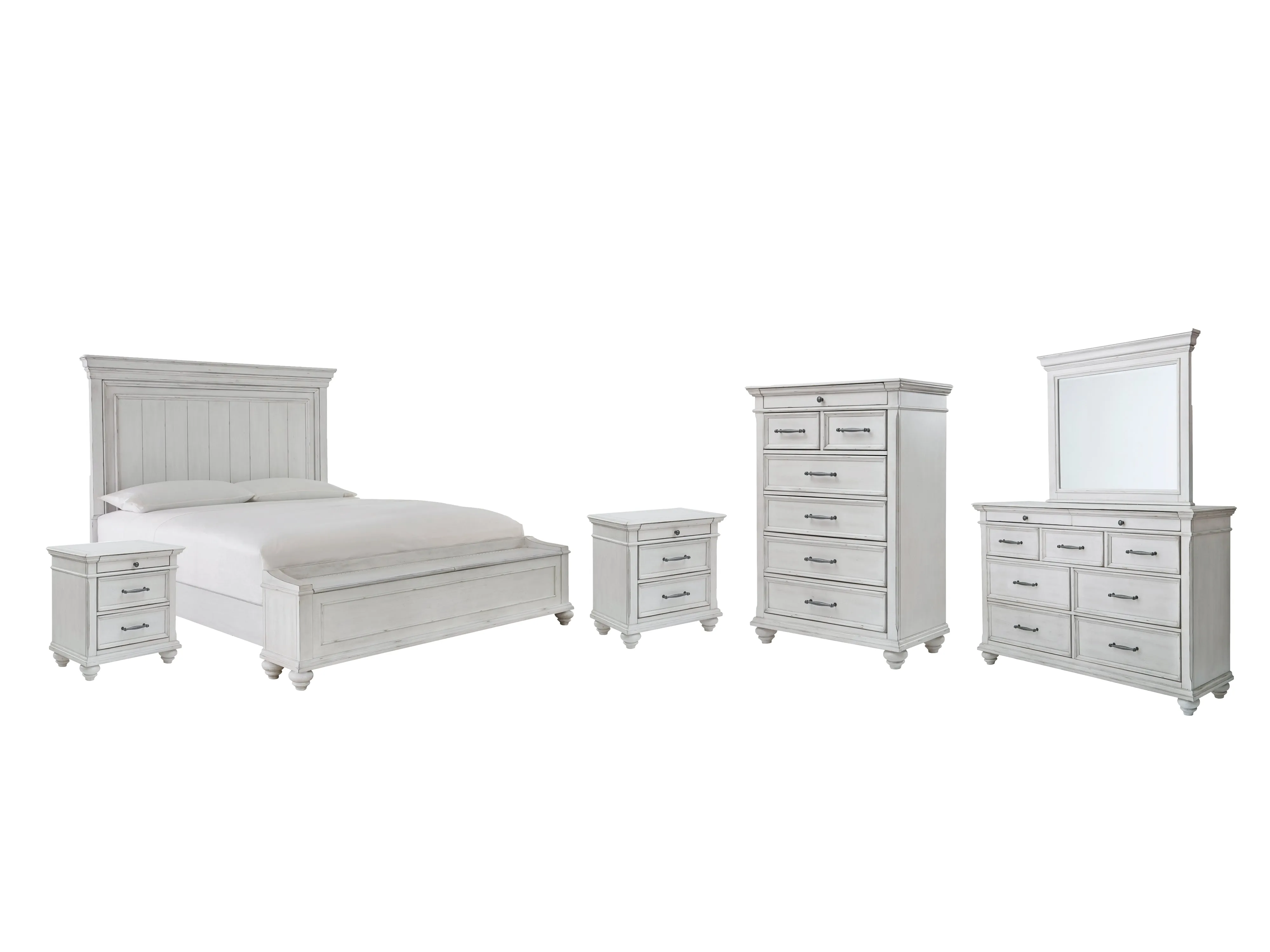 Kanwyn Queen Panel Bed with Storage with Mirrored Dresser, Chest and 2 Nightstands in Whitewash