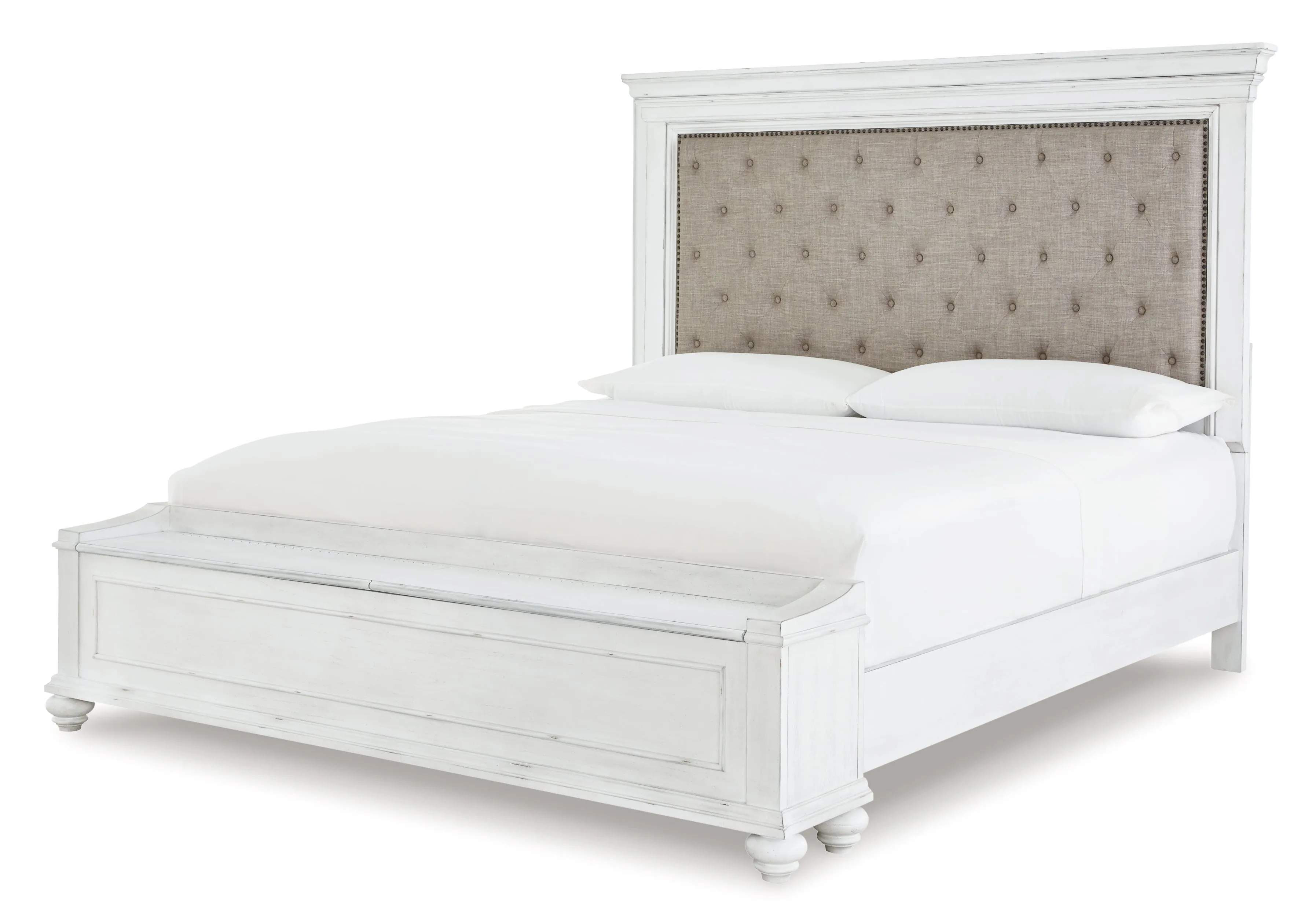 Kanwyn Queen Panel Bed with Storage with Mirrored Dresser, Chest and 2 Nightstands in Whitewash