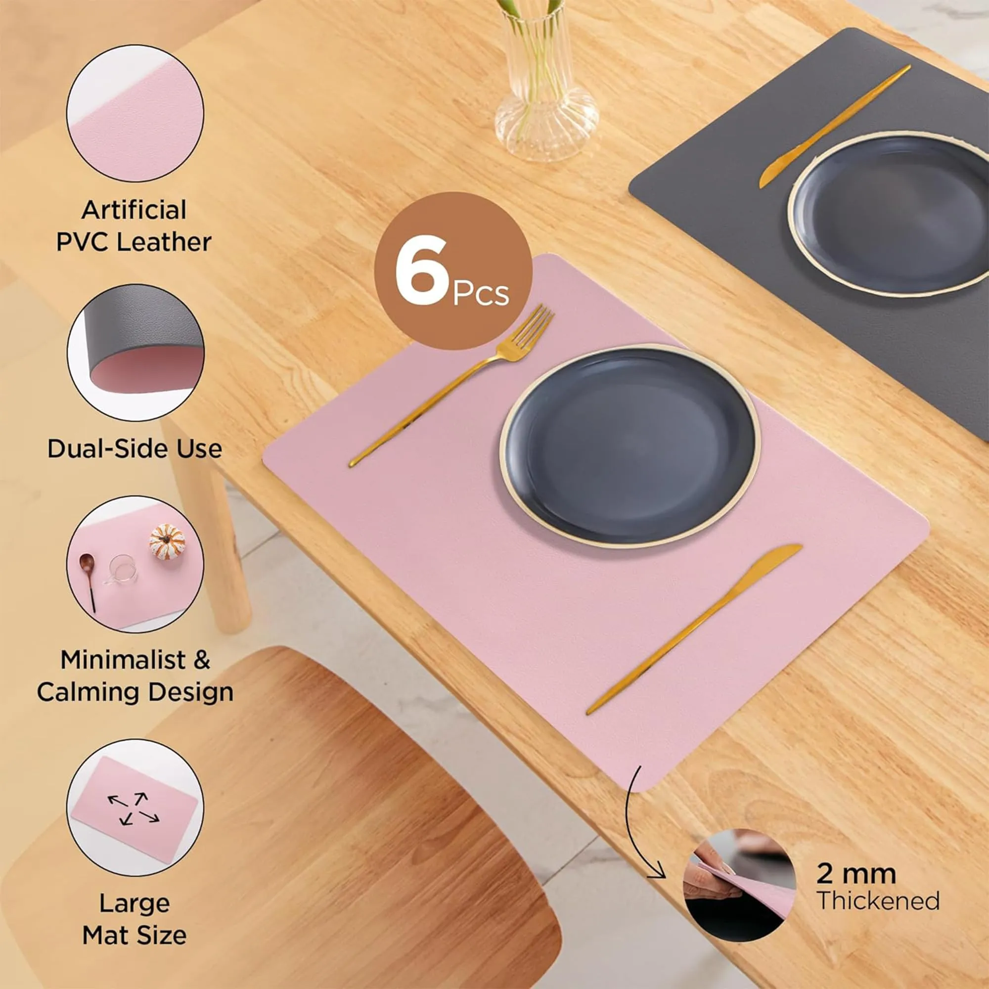 Kuber Industries 24 Pcs Waterproof Dining Table Mats | Anti-Skid Placemats for Food Plates & Hot Pots | for Home & Restaurants - Grey & Pink