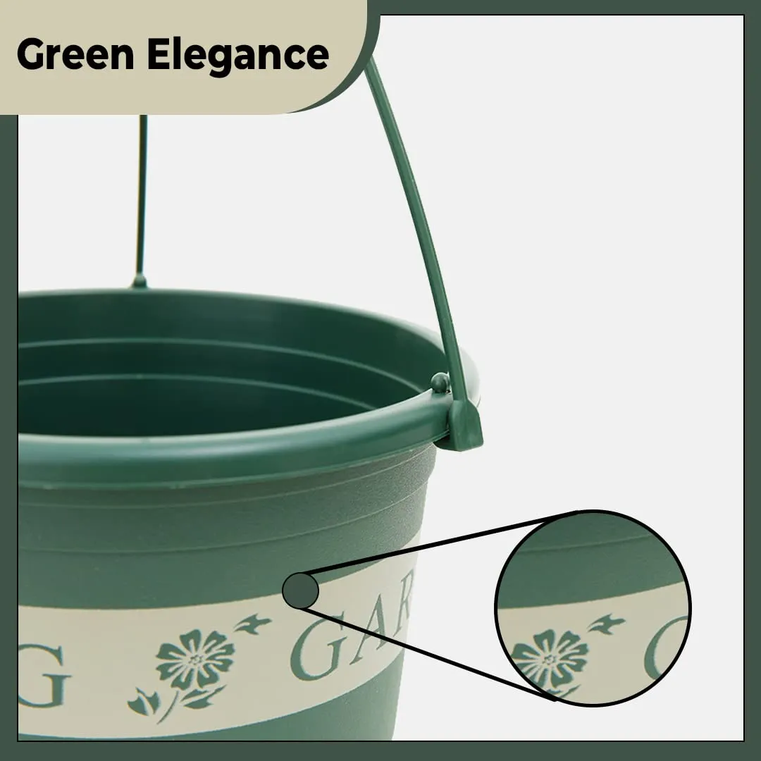 Kuber Industries Plastic Flower Pot|Indoor & Outdoor Hanging Planter|Durable & Lightweight|Water Drainage Holes|Hanging Pots for Plants Balcony Railing|Office Decor|Large|DP-2414|Set of 3|Green