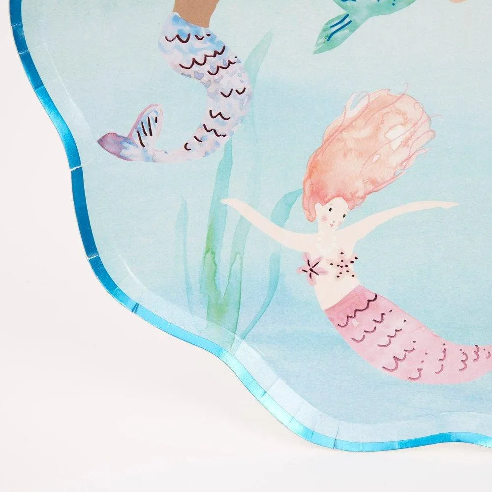 Large Mermaid Plates, Set of 8 Meri Meri Mermaids Swimming Plates with a Pink and Blue Foil Details, Great for Mermaid-Themed Party!