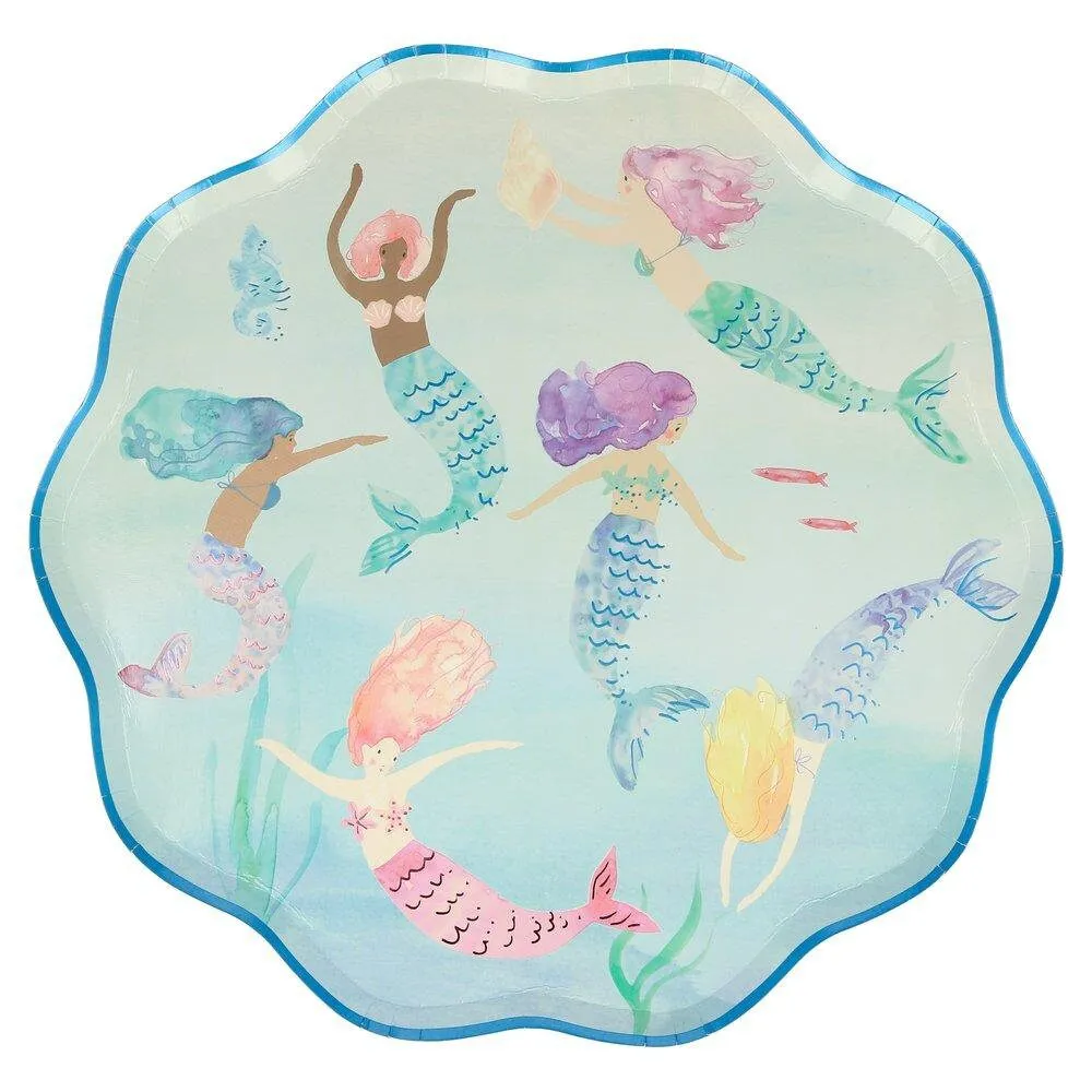 Large Mermaid Plates, Set of 8 Meri Meri Mermaids Swimming Plates with a Pink and Blue Foil Details, Great for Mermaid-Themed Party!