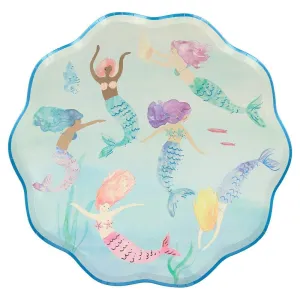 Large Mermaid Plates, Set of 8 Meri Meri Mermaids Swimming Plates with a Pink and Blue Foil Details, Great for Mermaid-Themed Party!