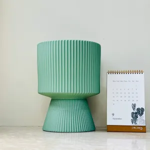 Mint Green Ribbed Ceramic Planter – Flared Base Decorative Pot