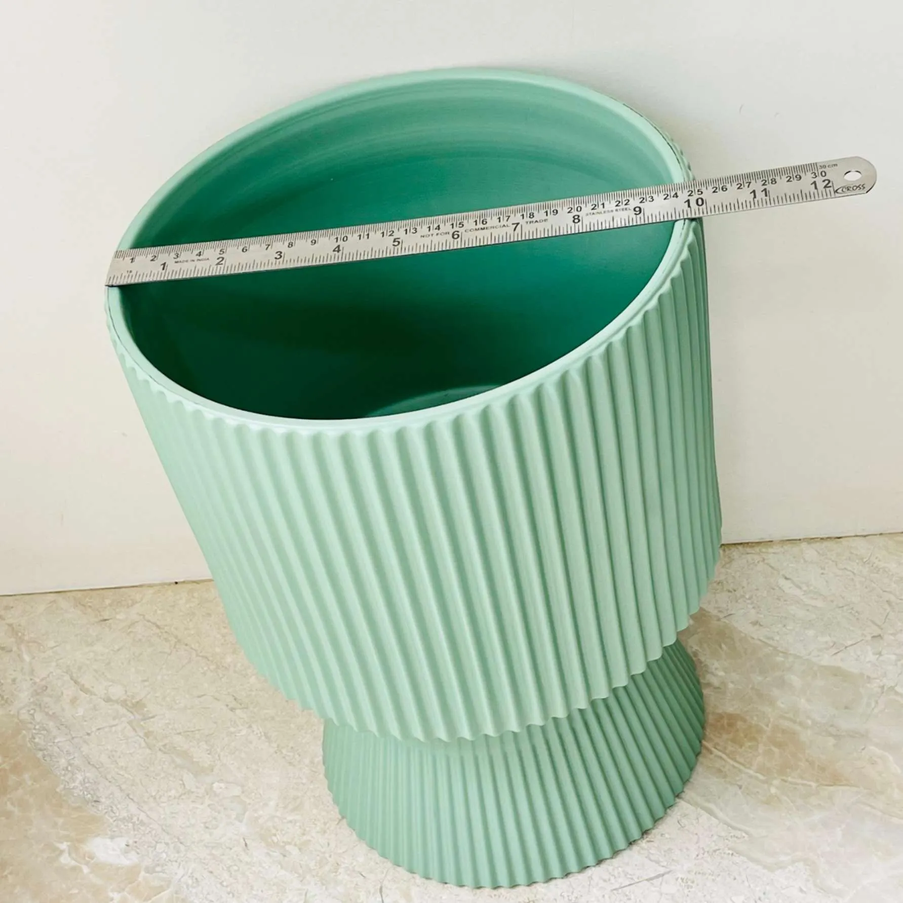 Mint Green Ribbed Ceramic Planter – Flared Base Decorative Pot