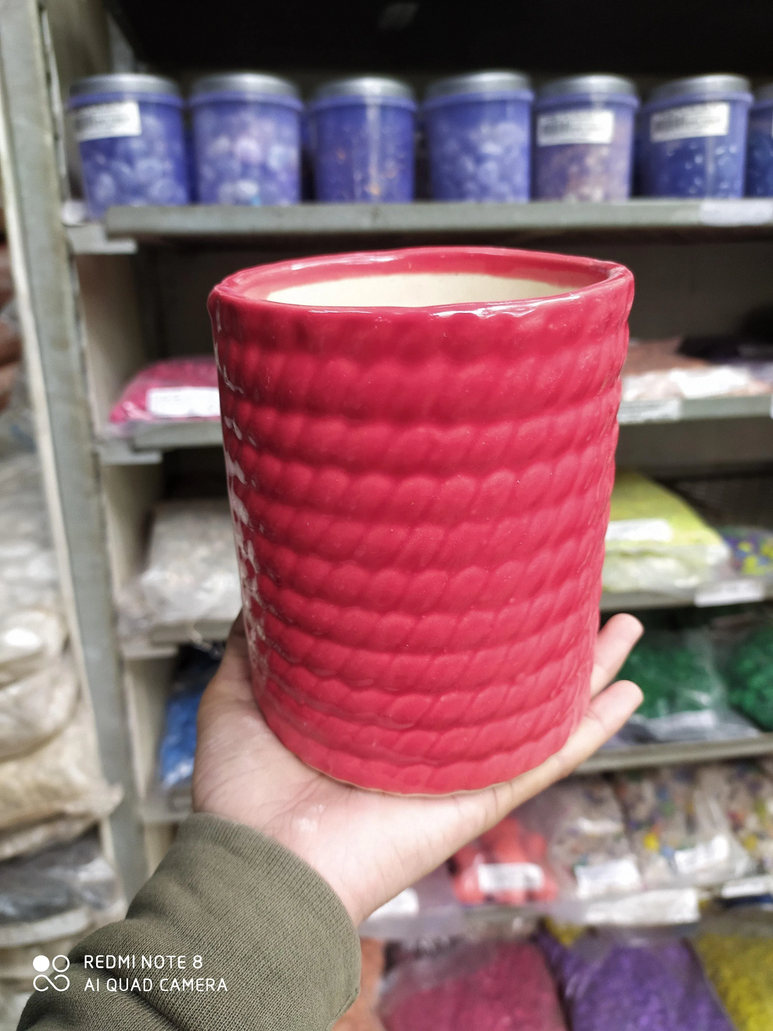 Modern Red Cylindrical Ceramic Plant Pot  | Contemporary Indoor Planter