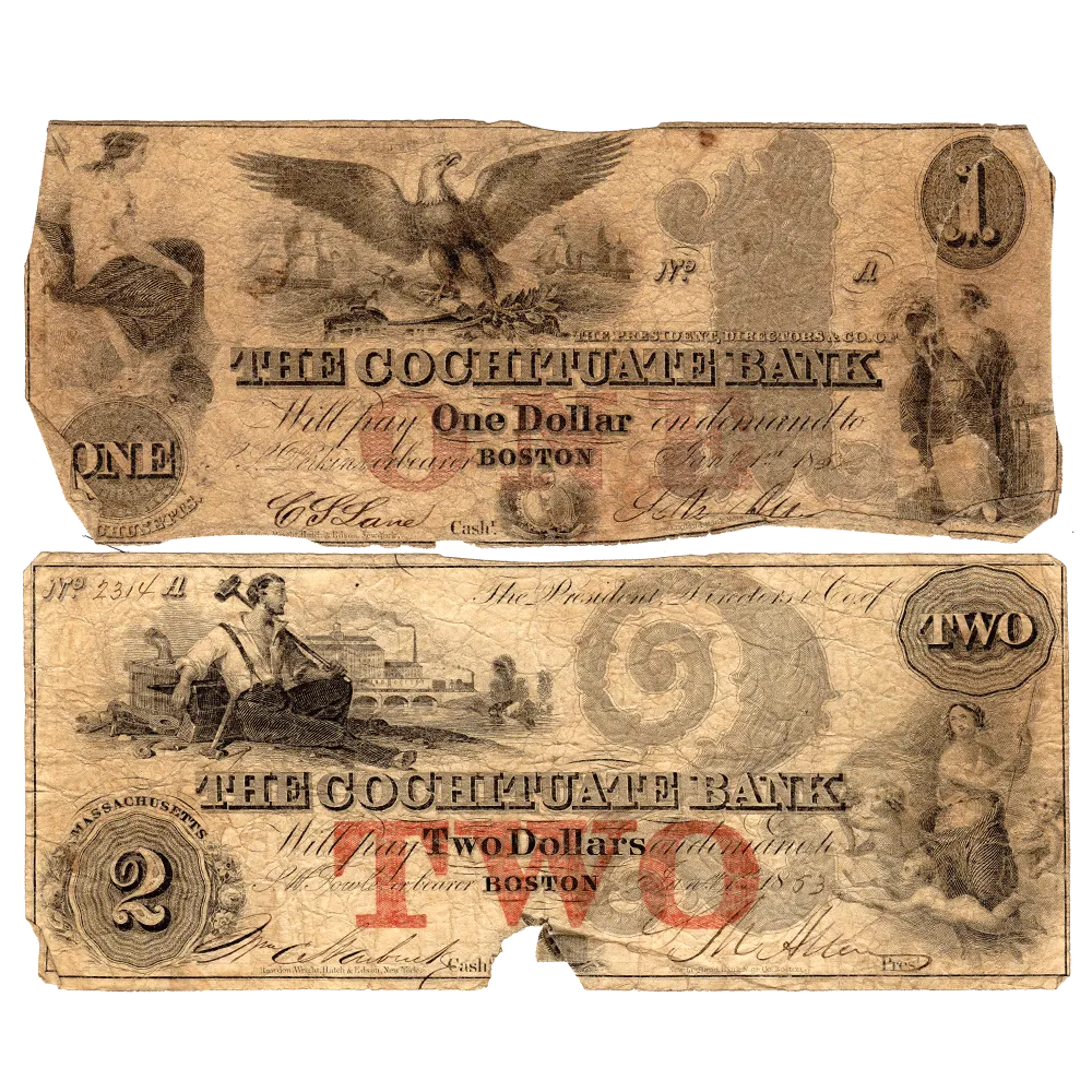 Pair of 1850s $1 & $2 Cochituate Bank of Boston, MA Broken Bank Notes