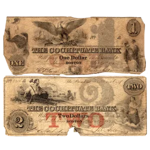 Pair of 1850s $1 & $2 Cochituate Bank of Boston, MA Broken Bank Notes