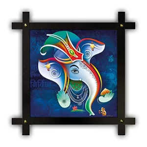 Poster N Frames Cross Wooden Frame Hand-Crafted with Photo of Ganeshji (ganpati) 11033-(16.5x16.5inch,wood,multicolour)