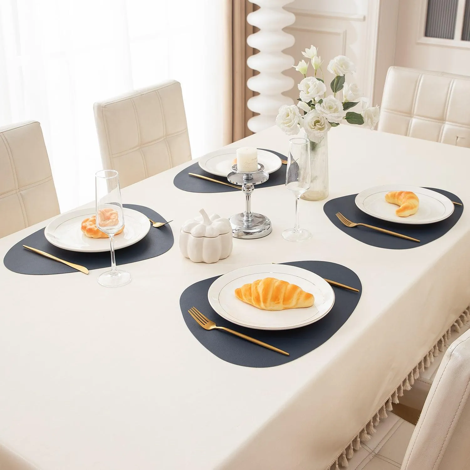 Premium Faux Leather Dining Table Mats, Navy Blue