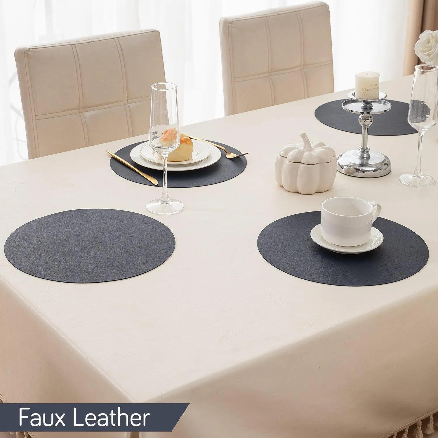 Premium Faux Leather Dining Table Round Mats, Navy Blue