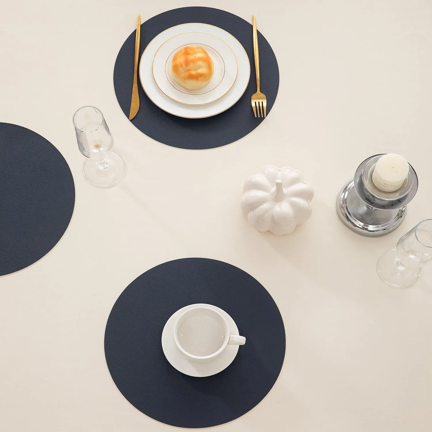 Premium Faux Leather Dining Table Round Mats, Navy Blue