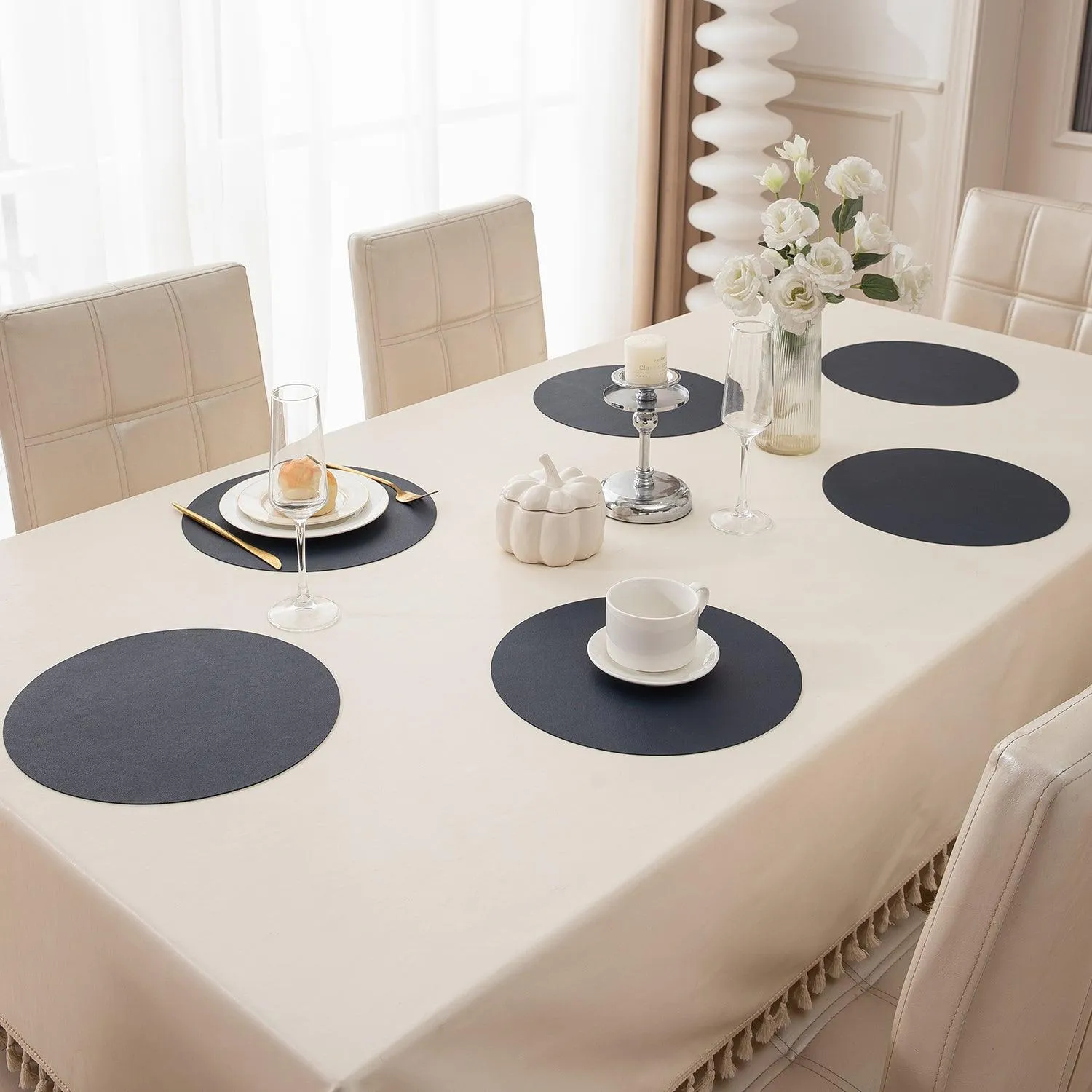 Premium Faux Leather Dining Table Round Mats, Navy Blue