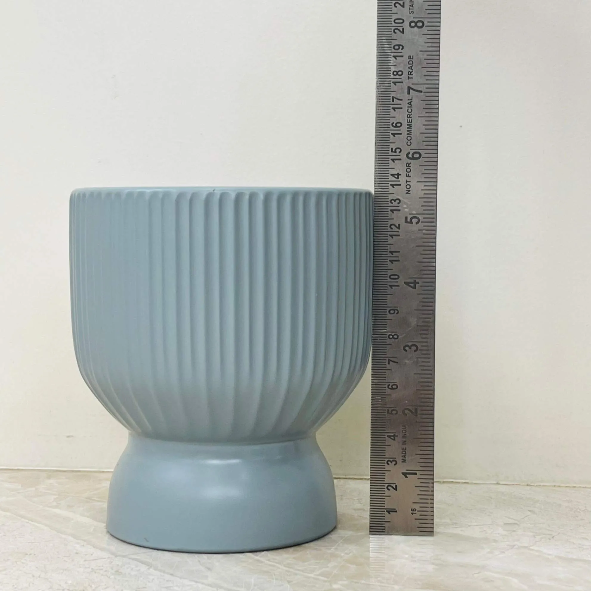 Ribbed Grey-Blue Hourglass Ceramic Planter – Modern Indoor Pot