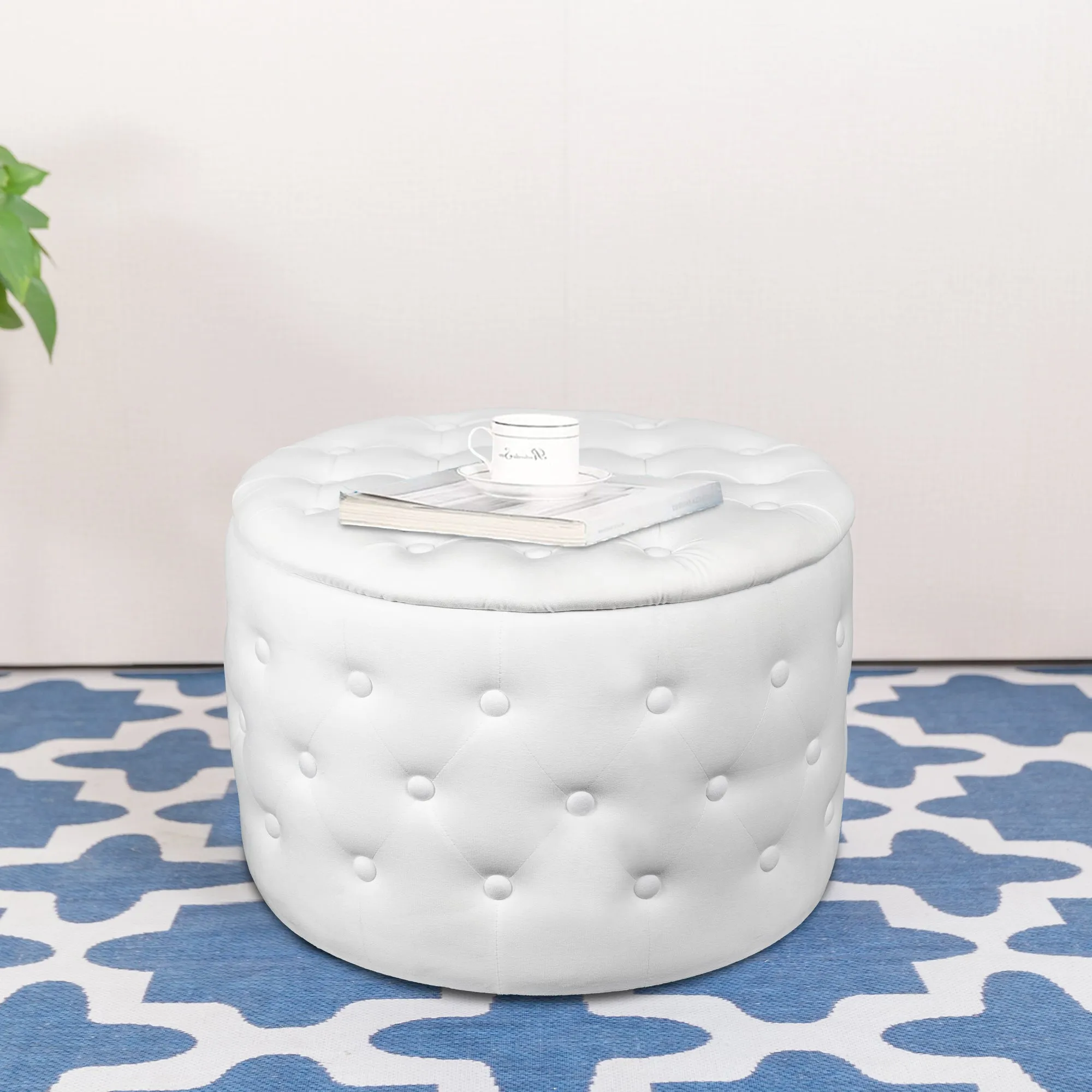 Round Velvet upholstered Storage Ottoman - White