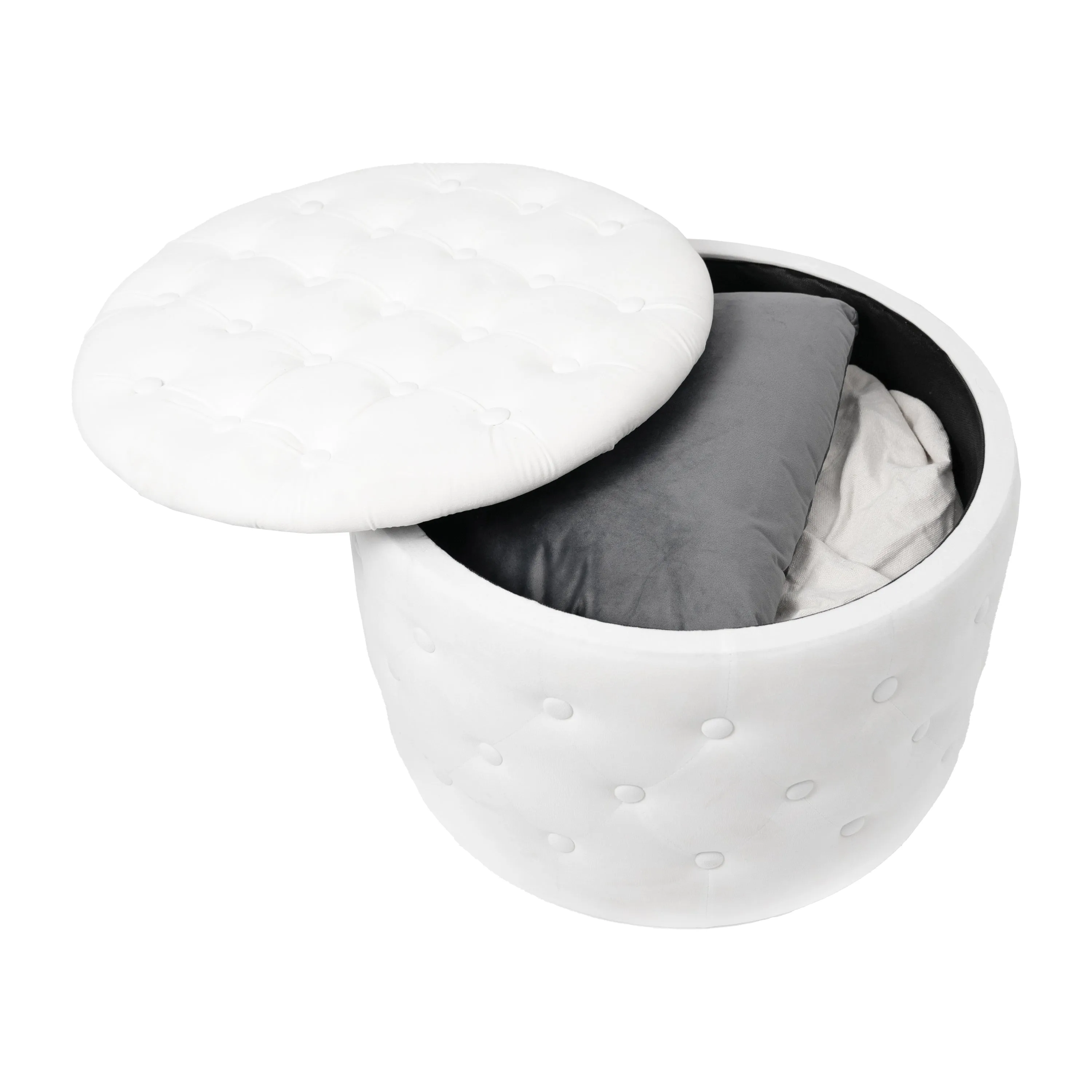 Round Velvet upholstered Storage Ottoman - White