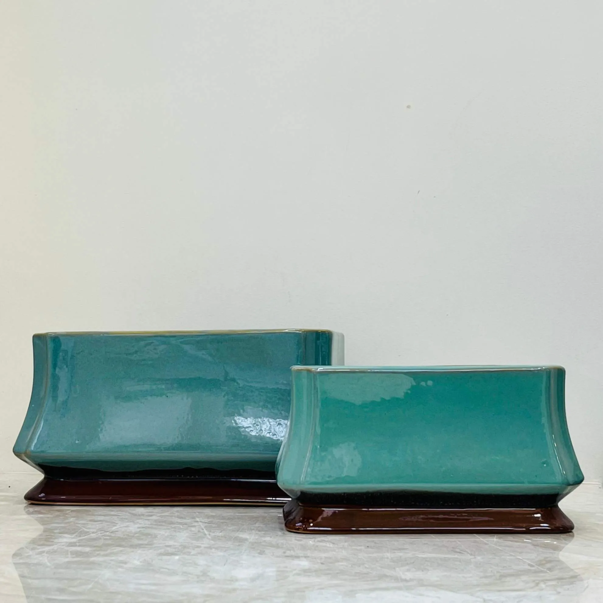 Seafoam Green and Coffee Brown Modern Ceramic Pot Set Of 2