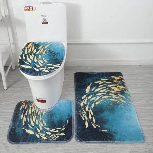 Set Of 3 Pcs, Bath Mat Set for Bathroom, Blue Color Gold Fish Design.