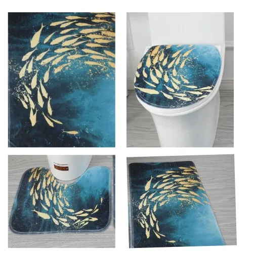 Set Of 3 Pcs, Bath Mat Set for Bathroom, Blue Color Gold Fish Design.