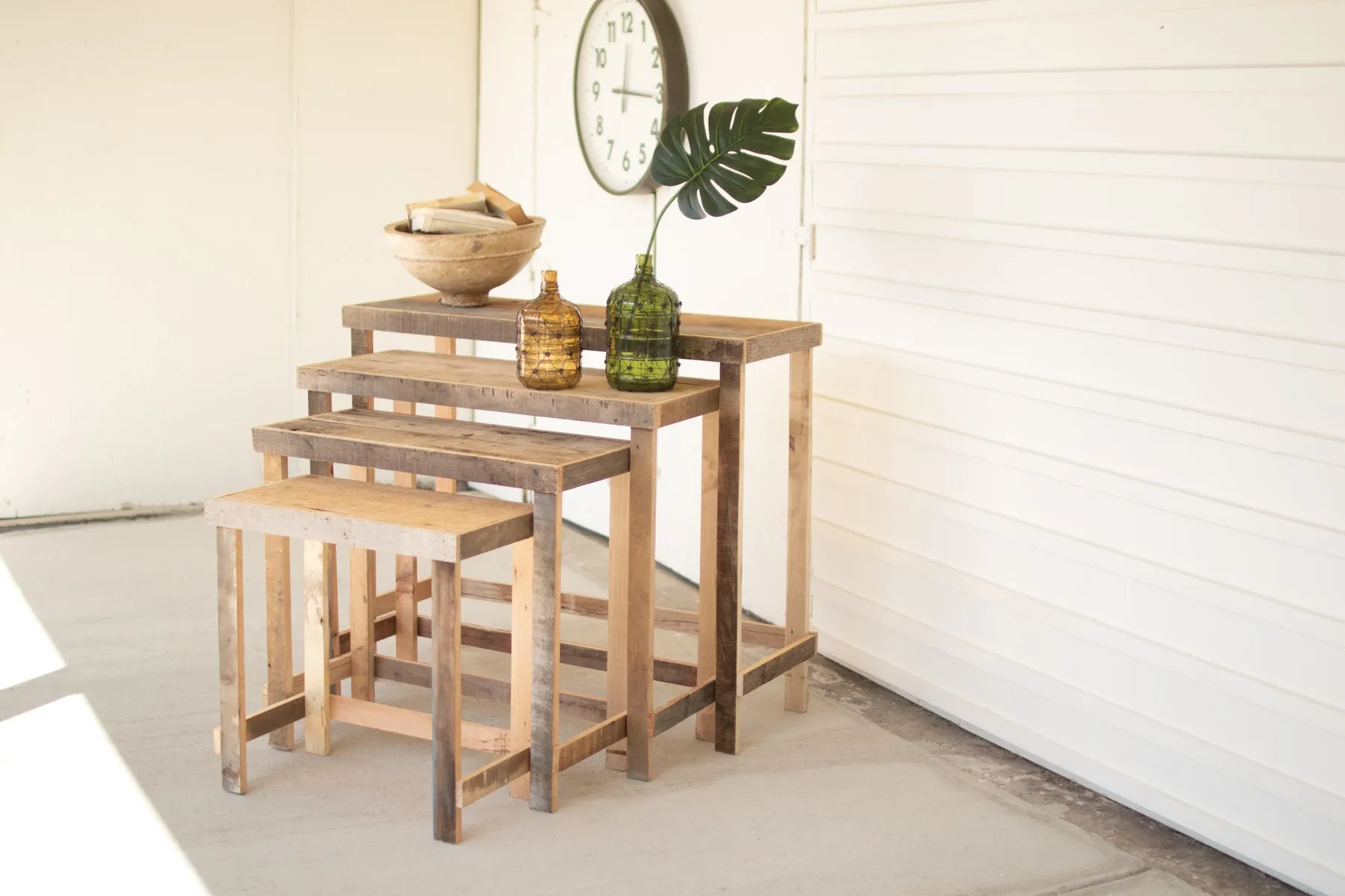 Set Of Four Rustic Recycled Wood Console Display Tables