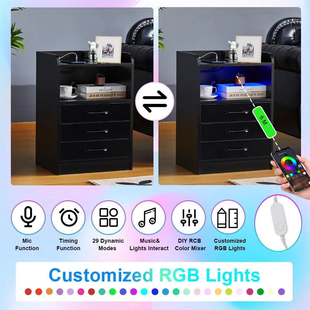 Smart LED Light Nightstand 3 Drawers with USB Port& Power Outlets