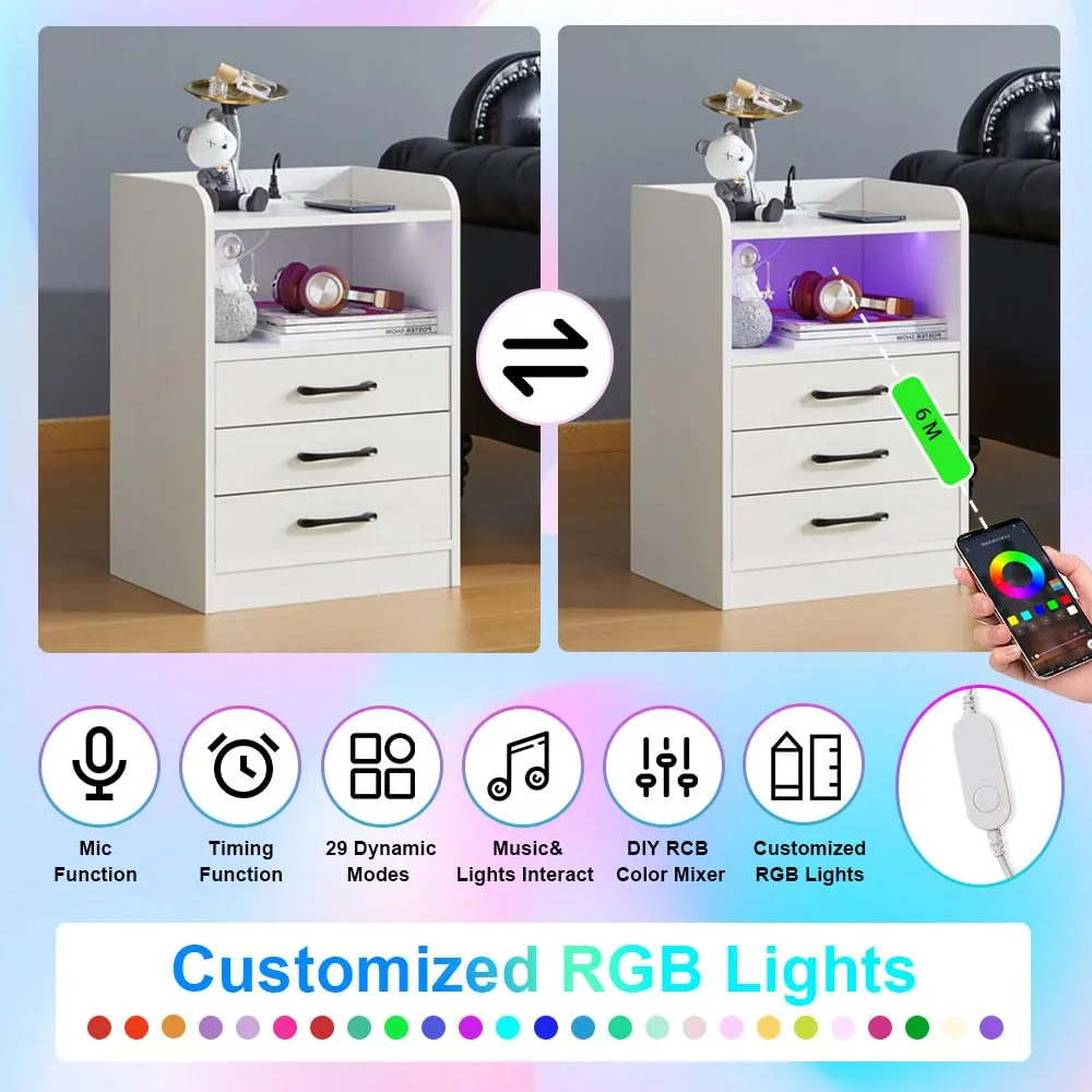 Smart LED Light Nightstand 3 Drawers with USB Port& Power Outlets