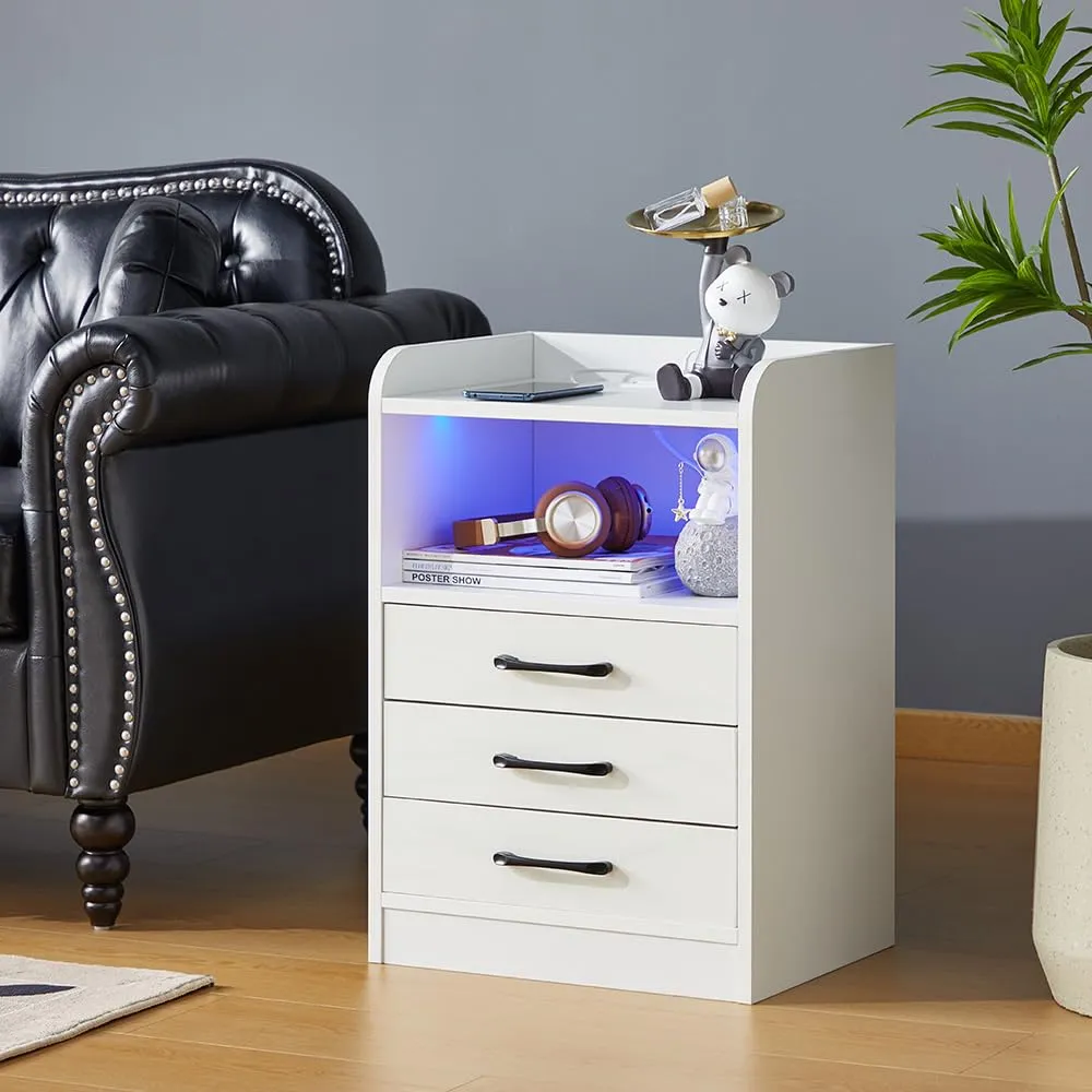 Smart LED Light Nightstand 3 Drawers with USB Port& Power Outlets