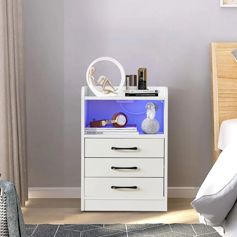 Smart LED Light Nightstand 3 Drawers with USB Port& Power Outlets