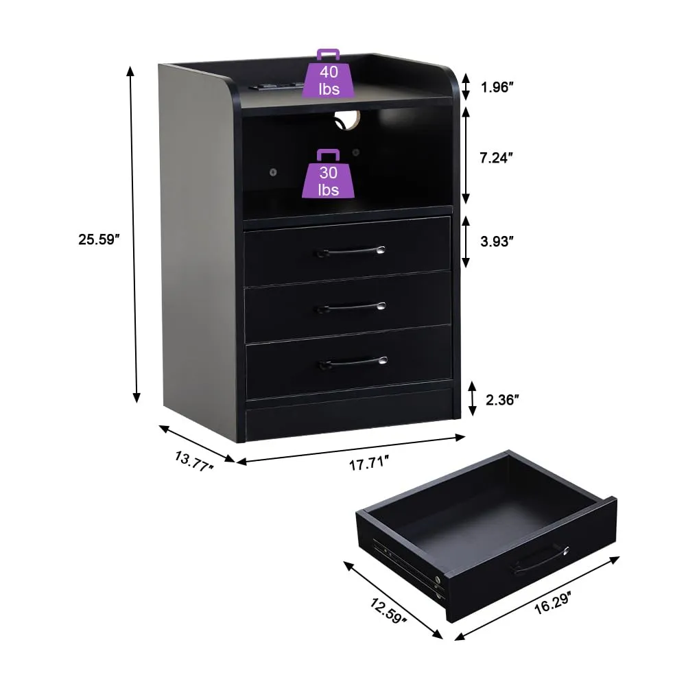 Smart LED Light Nightstand 3 Drawers with USB Port& Power Outlets