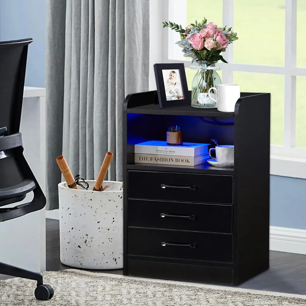 Smart LED Light Nightstand 3 Drawers with USB Port& Power Outlets