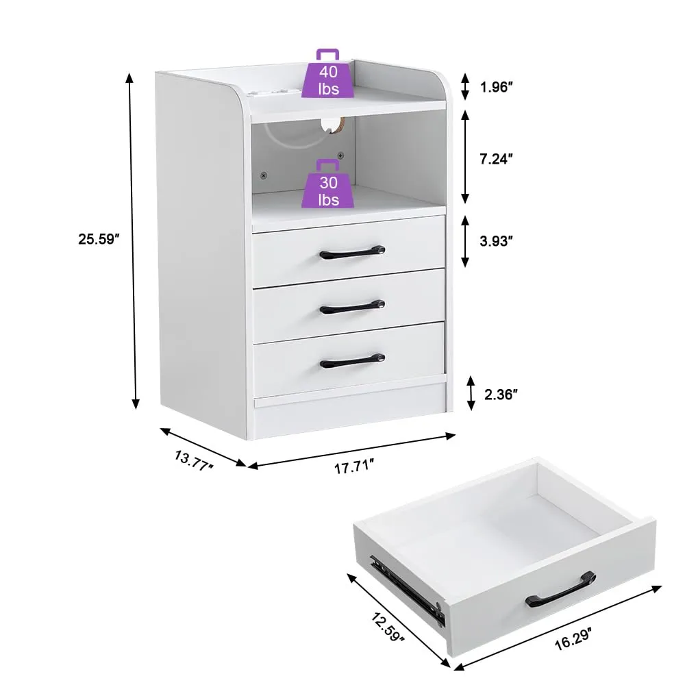 Smart LED Light Nightstand 3 Drawers with USB Port& Power Outlets