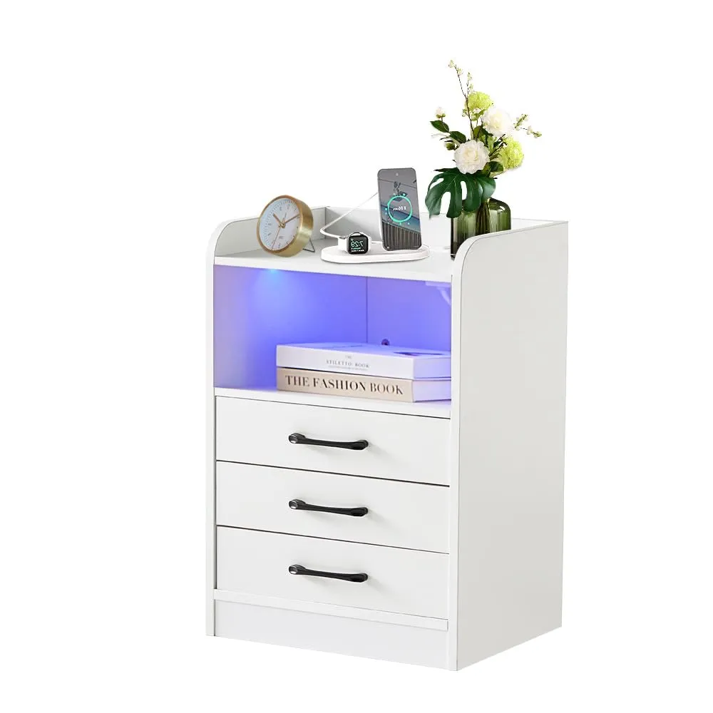 Smart LED Light Nightstand 3 Drawers with USB Port& Power Outlets