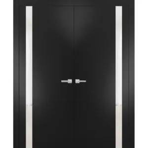 Solid French Double Doors | Planum 0040 Matte Black with White Glass | Wood Solid Panel Frame Trims | Closet Bedroom Sturdy Doors