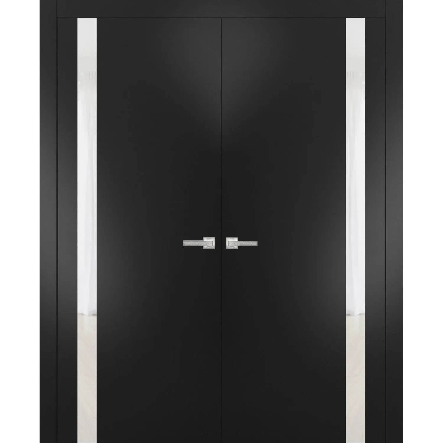 Solid French Double Doors | Planum 0040 Matte Black with White Glass | Wood Solid Panel Frame Trims | Closet Bedroom Sturdy Doors