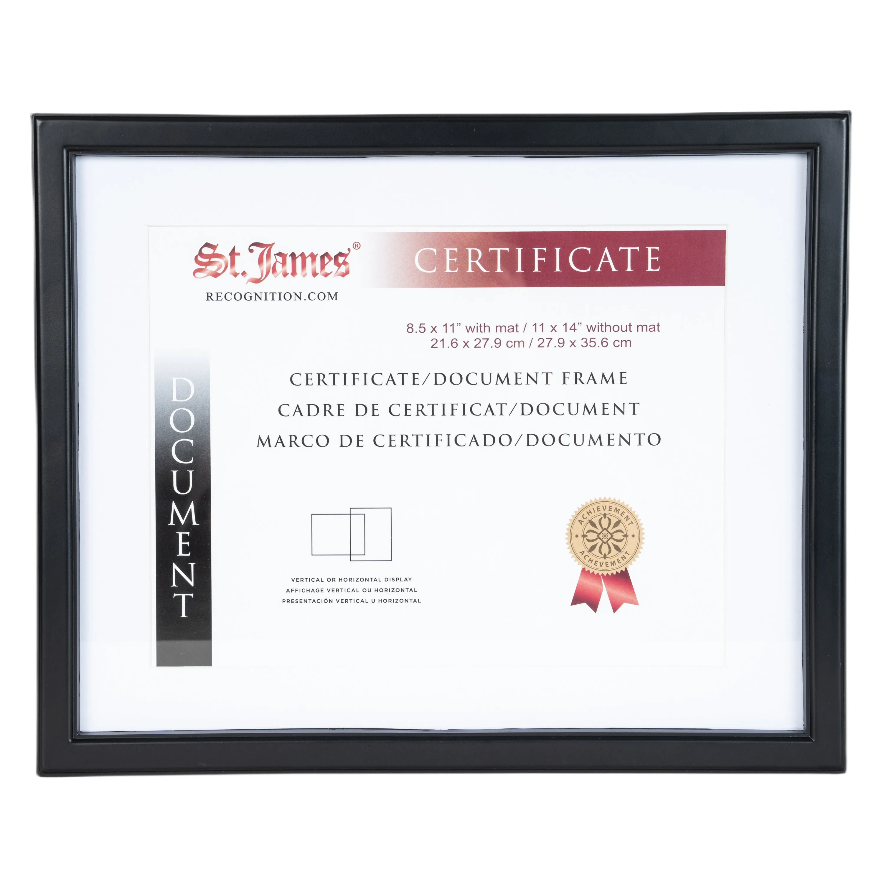 St. James® Certificate/Document/Diploma Frame, 8.5x11" with Mat or 11x14" without Mat, Black, 83918