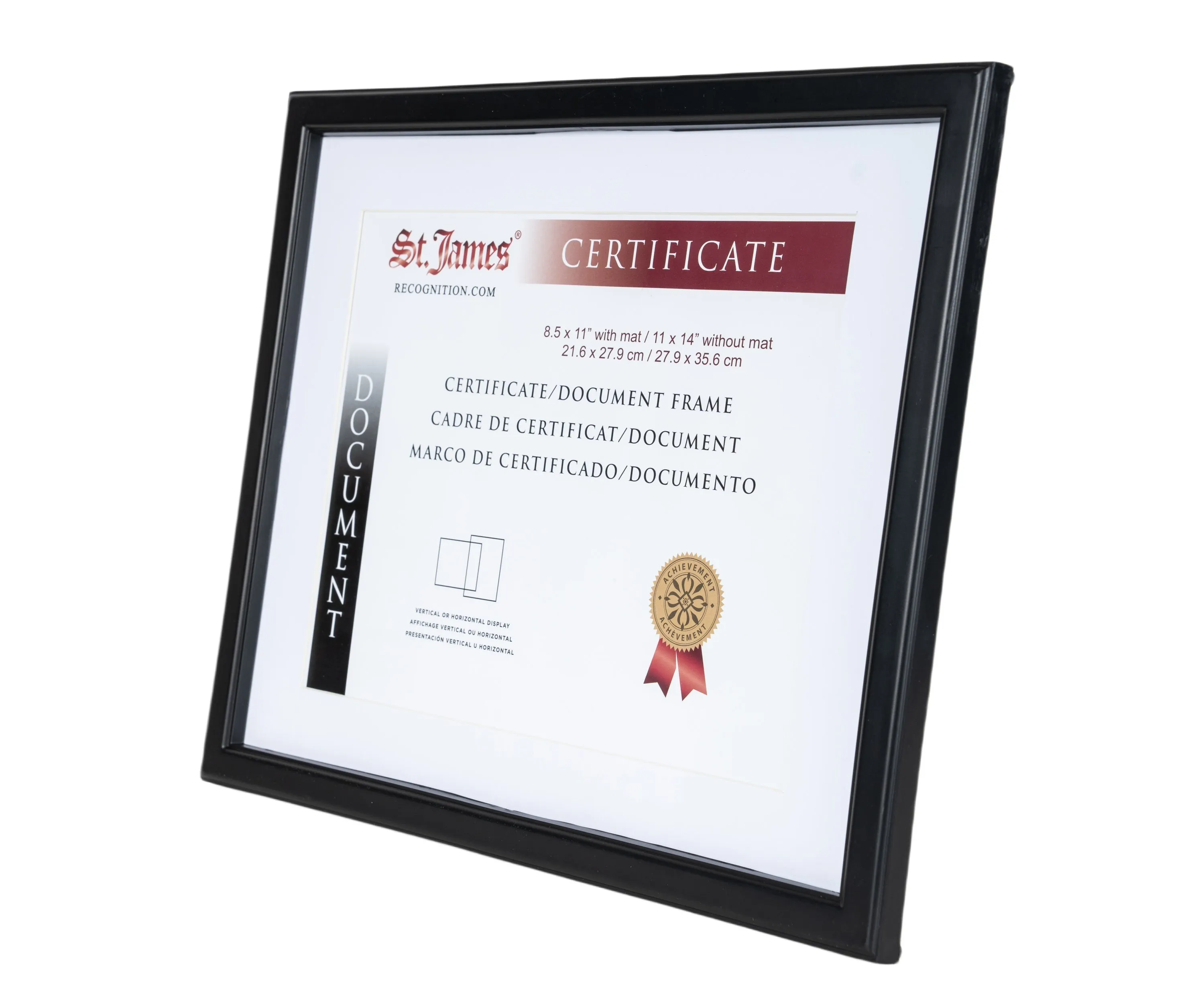 St. James® Certificate/Document/Diploma Frame, 8.5x11" with Mat or 11x14" without Mat, Black, 83918