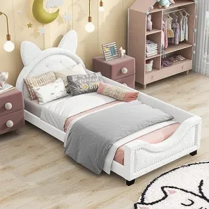 Twin Upholstered Daybed Frame for Kids, Teddy Fleece Twin Platform Bed with Carton Ears Shaped Headboard, Wood Twin Sofa Bed for Girls Boys, No Box Spring Needed, White