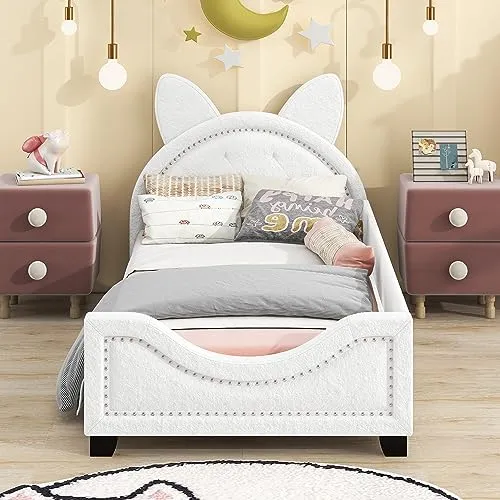 Twin Upholstered Daybed Frame for Kids, Teddy Fleece Twin Platform Bed with Carton Ears Shaped Headboard, Wood Twin Sofa Bed for Girls Boys, No Box Spring Needed, White