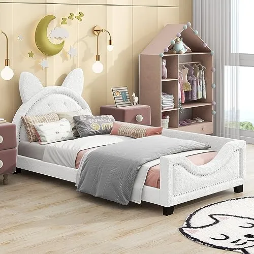 Twin Upholstered Daybed Frame for Kids, Teddy Fleece Twin Platform Bed with Carton Ears Shaped Headboard, Wood Twin Sofa Bed for Girls Boys, No Box Spring Needed, White