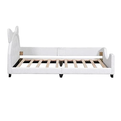 Twin Upholstered Daybed Frame for Kids, Teddy Fleece Twin Platform Bed with Carton Ears Shaped Headboard, Wood Twin Sofa Bed for Girls Boys, No Box Spring Needed, White