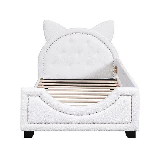 Twin Upholstered Daybed Frame for Kids, Teddy Fleece Twin Platform Bed with Carton Ears Shaped Headboard, Wood Twin Sofa Bed for Girls Boys, No Box Spring Needed, White