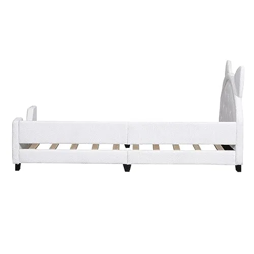 Twin Upholstered Daybed Frame for Kids, Teddy Fleece Twin Platform Bed with Carton Ears Shaped Headboard, Wood Twin Sofa Bed for Girls Boys, No Box Spring Needed, White