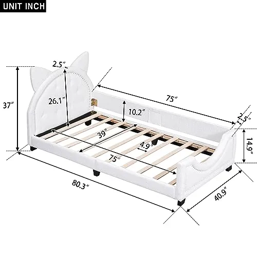 Twin Upholstered Daybed Frame for Kids, Teddy Fleece Twin Platform Bed with Carton Ears Shaped Headboard, Wood Twin Sofa Bed for Girls Boys, No Box Spring Needed, White