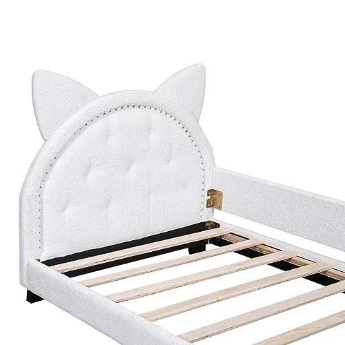 Twin Upholstered Daybed Frame for Kids, Teddy Fleece Twin Platform Bed with Carton Ears Shaped Headboard, Wood Twin Sofa Bed for Girls Boys, No Box Spring Needed, White