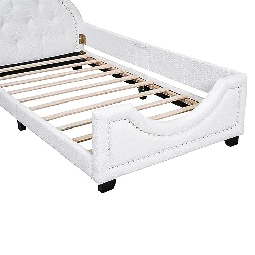 Twin Upholstered Daybed Frame for Kids, Teddy Fleece Twin Platform Bed with Carton Ears Shaped Headboard, Wood Twin Sofa Bed for Girls Boys, No Box Spring Needed, White