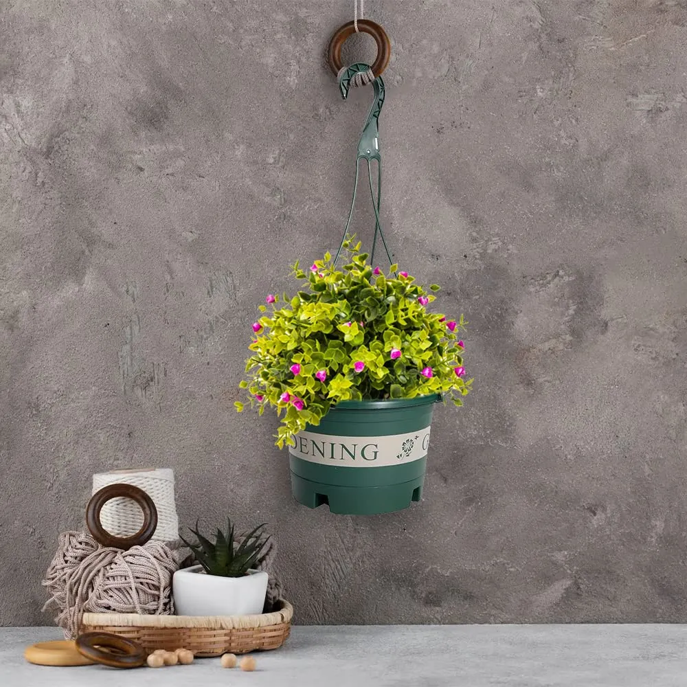 Urbane Home Plastic Flower Pot|Indoor & Outdoor Hanging Planter|Durable & Lightweight|Water Drainage Holes|Hanging Pots for Plants Balcony Railing, Office Decor|DP-2414|Large|Green