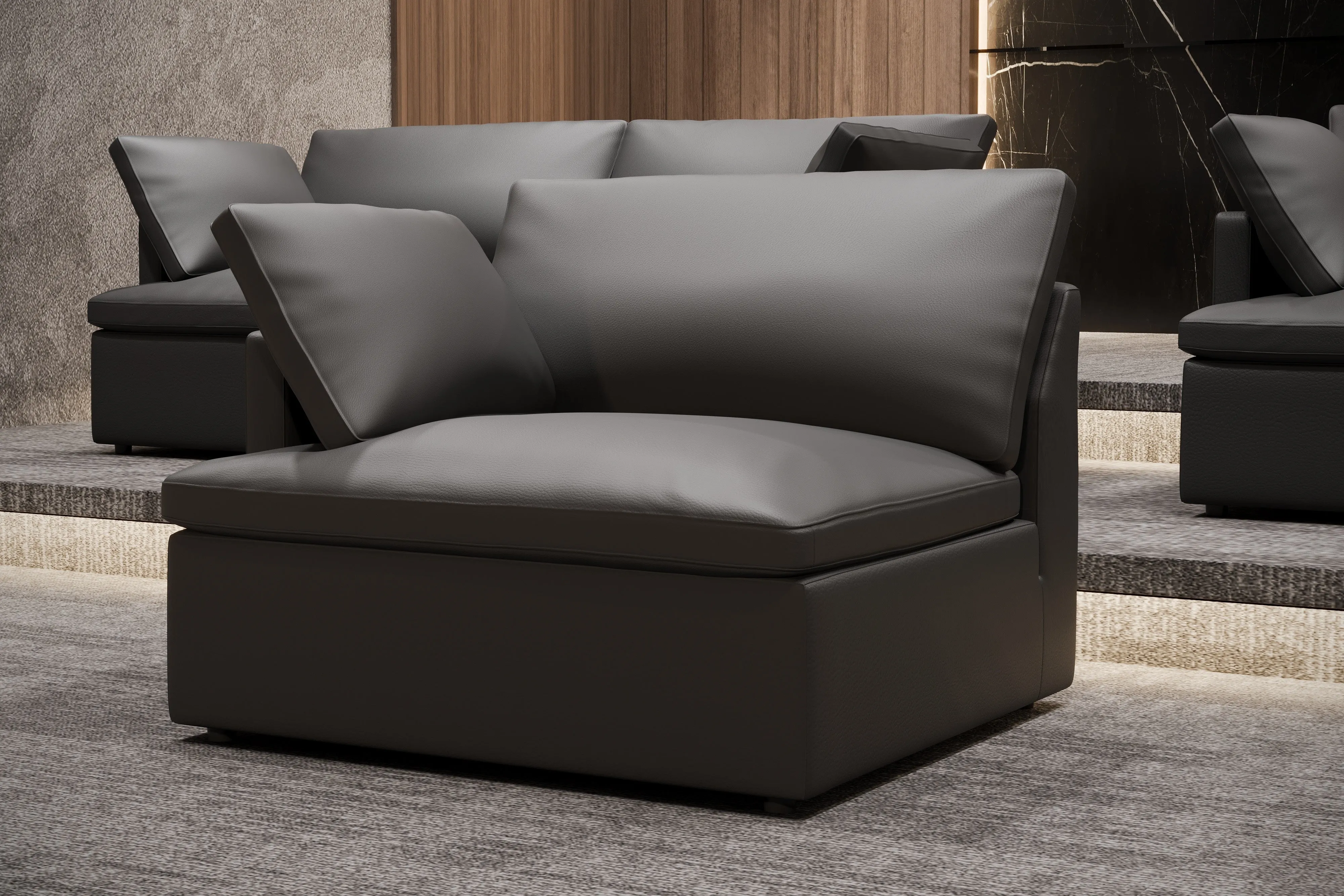 Valencia Isola Cloud Top Grain Leather Theater Lounge Modular Sofa Loveseat and 2 Ottomans, Black Color