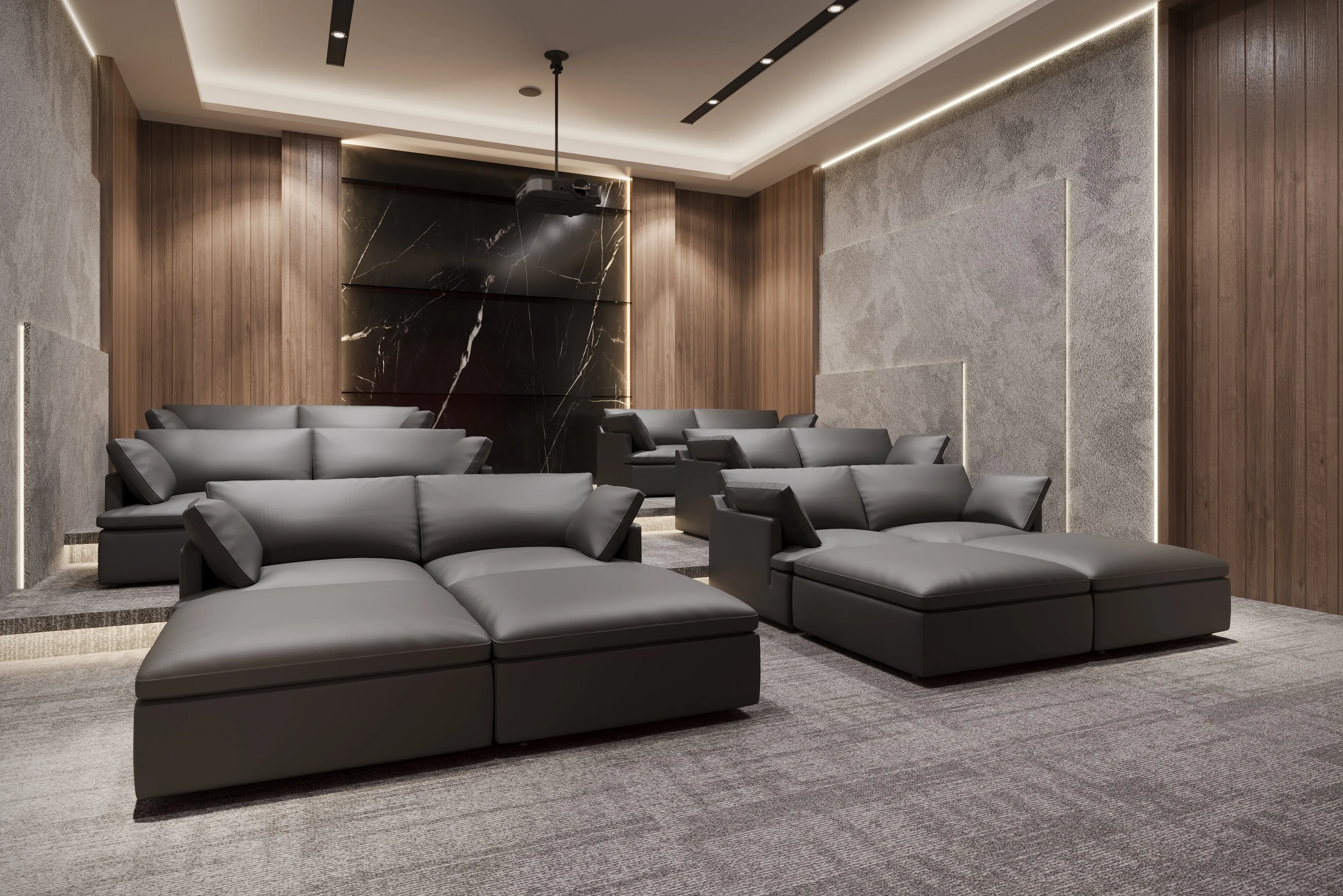 Valencia Isola Cloud Top Grain Leather Theater Lounge Modular Sofa Loveseat and 2 Ottomans, Black Color